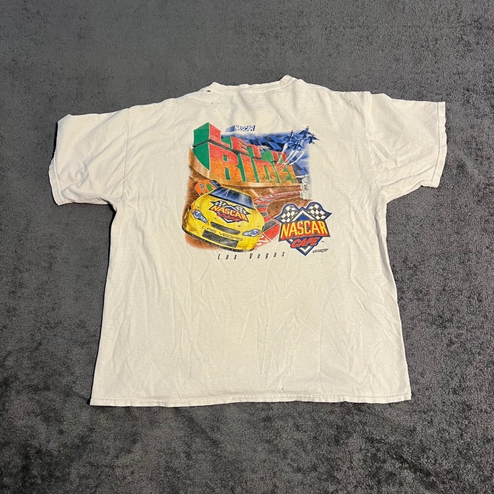 Vintage Thrashed NASCAR Cafe Las Vegas Let It Ride T-Shirt White Mens